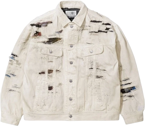 Image de Mm6 Maison Margiela Supreme Distressed Selvedge Denim Trucker Jacket White