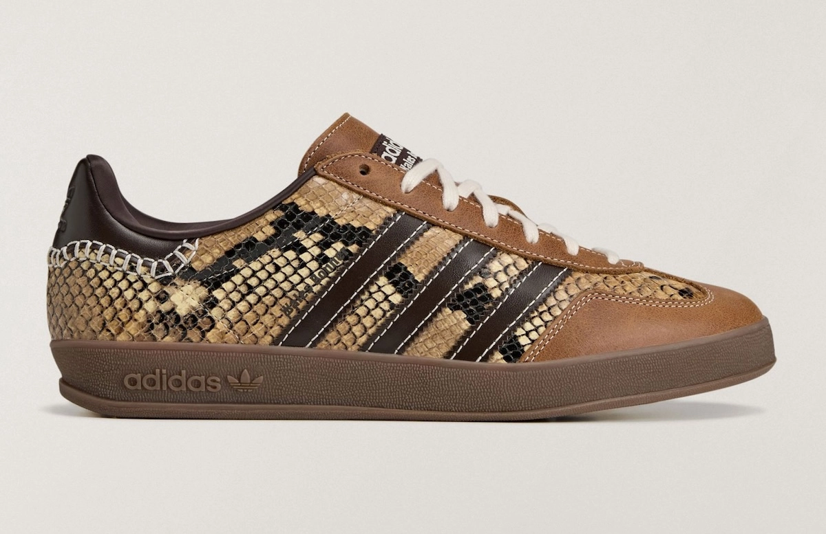 Wales Bonner x adidas Gazelle Indoor profil latéral, upper en peau de serpent marron