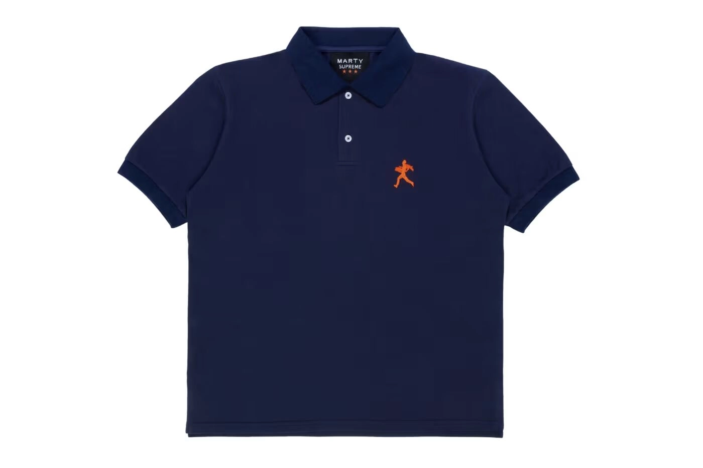 Polo Nahmias Marty Supreme bleu marine avec logo orange sur fond blanc