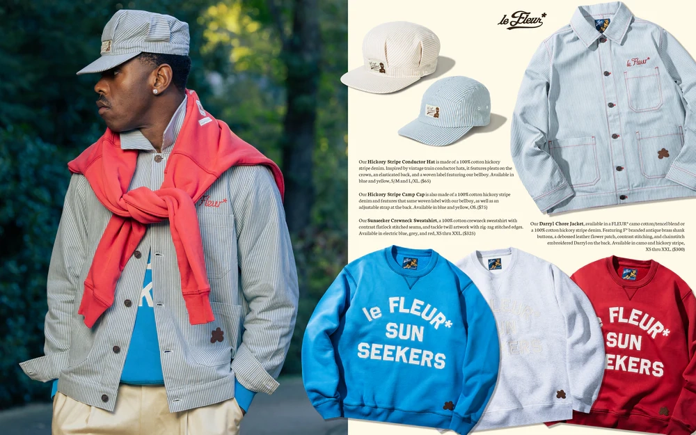 Tyler the creator portant veste et casquette Le Fleur saison 4 avec sweat rouge noué, en extérieur