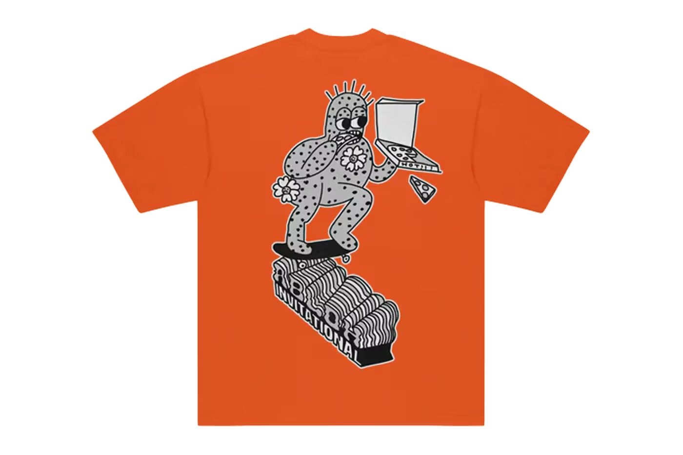 Orange T-shirt with cactus skateboard and pizza illustration, Abloh Invitational text