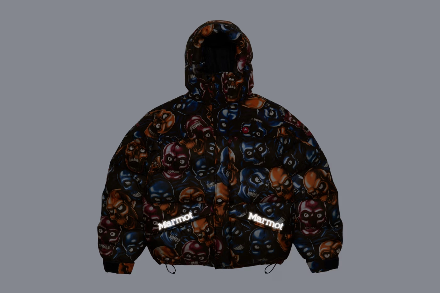 supreme x marmot fall 2025 down jacket blue skull reflection
