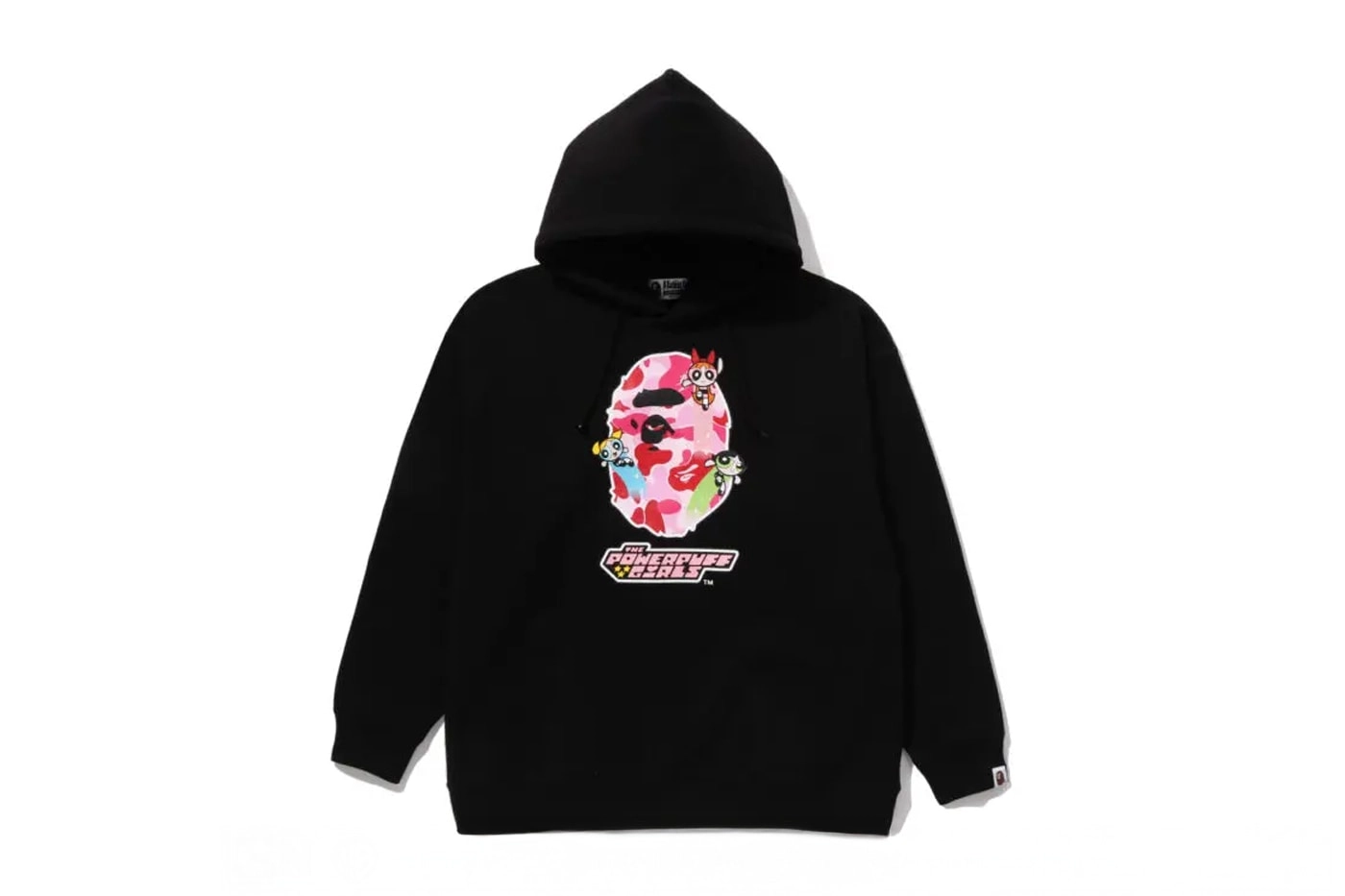 Black BAPE hoodie with Powerpuff Girls pattern and ABC camo on white background
