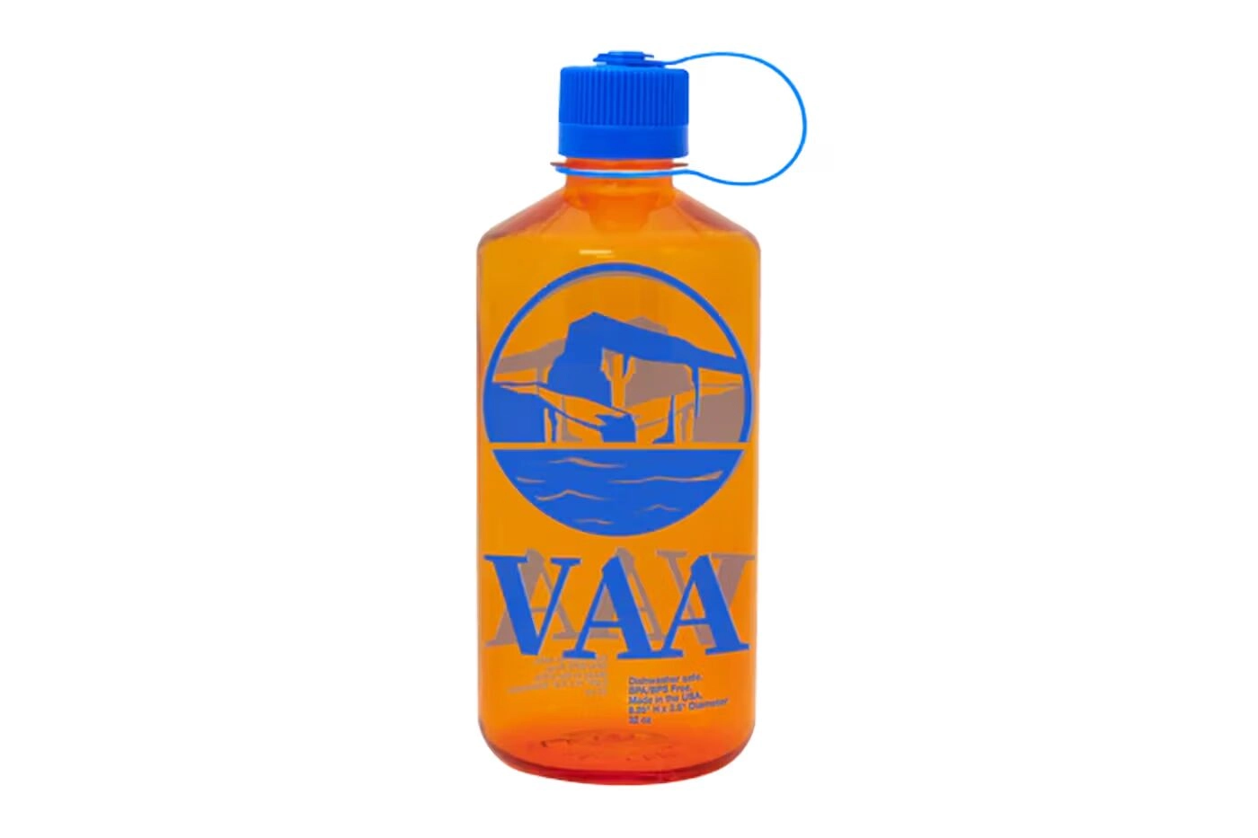 Orange water bottle with blue design of Virgil Abloh X Cactus Jack, front view