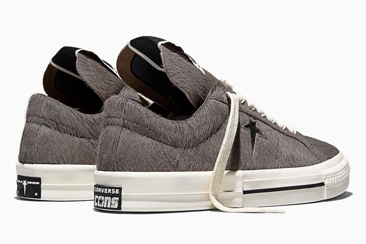 Arrière de sneaker grise Rick Owens Converse DRKSHDW avec étoile noire et texture poilue