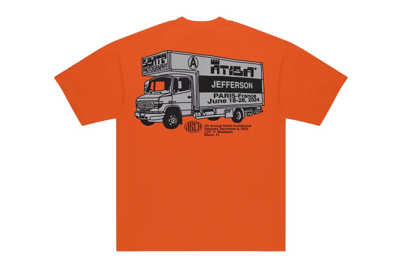 Orange T-shirt showing a truck drawing with inscriptions about Paris and event in Miami