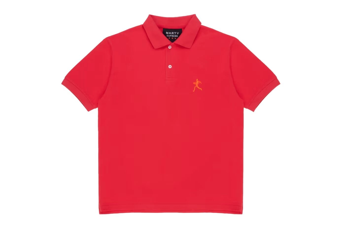 Red Marty Supreme polo with orange logo embroidered on the chest, laid flat