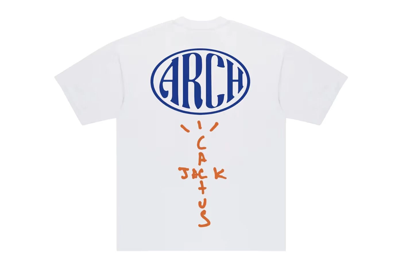 Back of white T-shirt with blue ARCH logo and orange Cactus Jack text