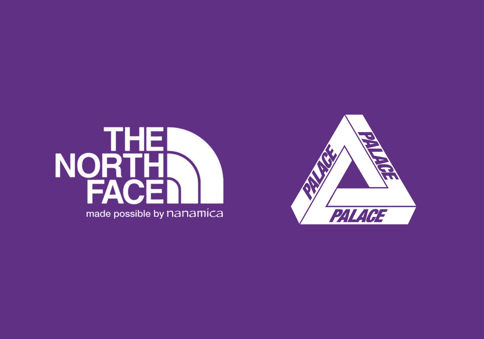 logos The North Face Purple Label et Palace en blanc sur fond violet