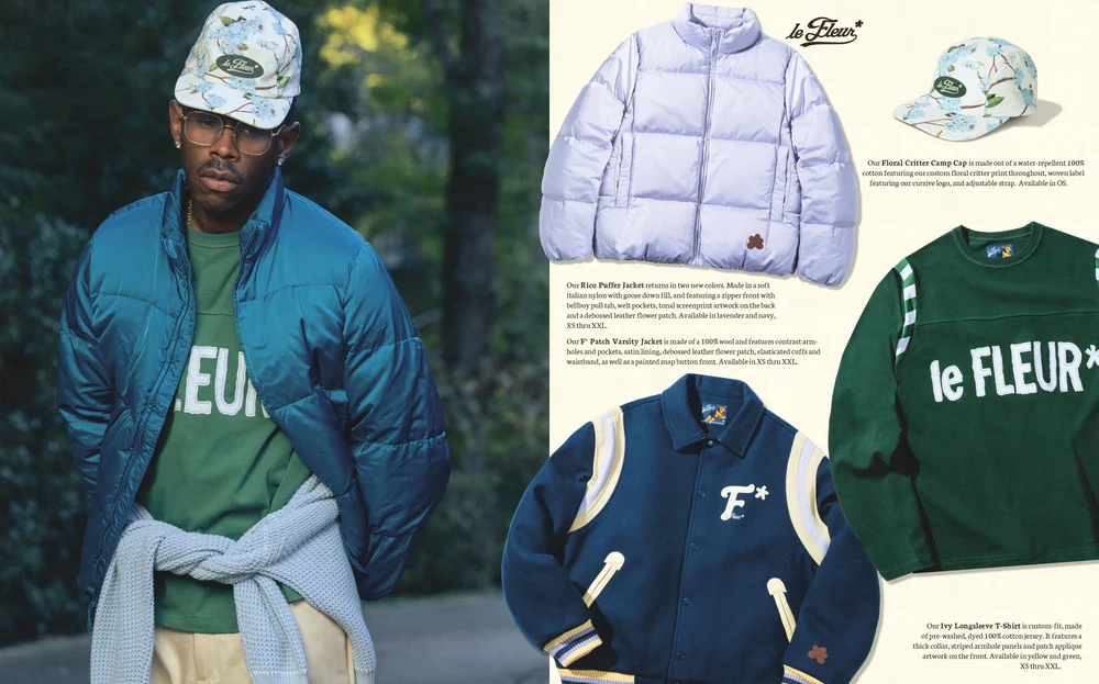 Tyler the creator veste bleue et casquette Le Fleur saison 4 en extérieur avec aperçu des vêtements de la collection