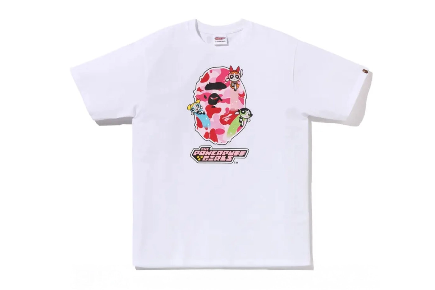 White Bape T-shirt with Powerpuff Girls pattern and pink camouflage on white background