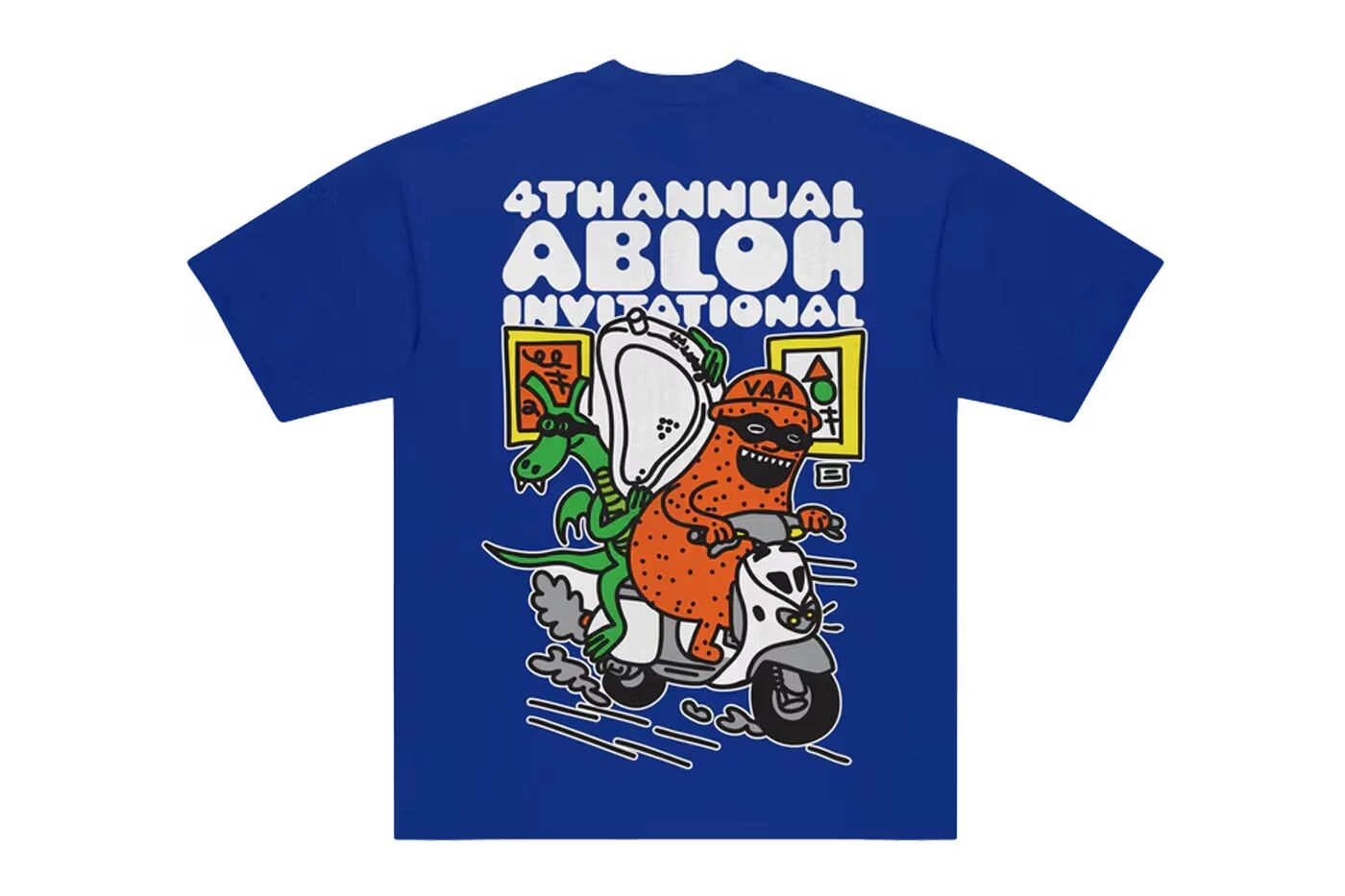Blue T-shirt with Abloh Invitational graphics and characters on scooter