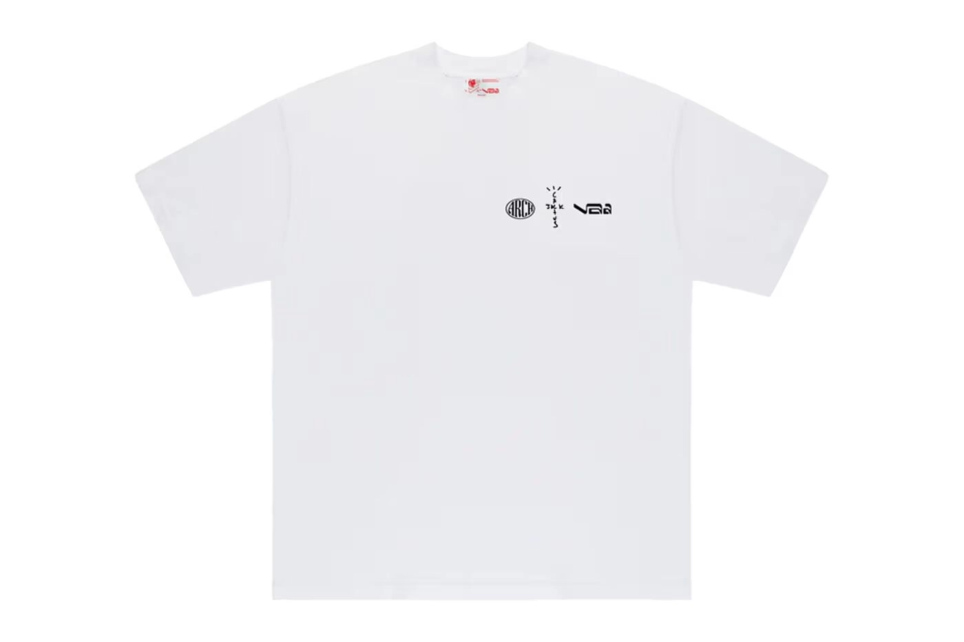 White T-shirt with Cactus Jack and Virgil Abloh logos on a white background
