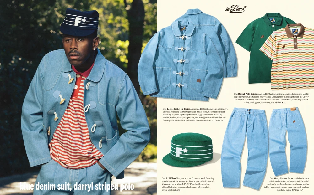 Tyler the creator portant une veste denim bleu le FLEUR* saison 4  avec polo rayé rouge et blanc, chapeau le FLEUR* saison 4