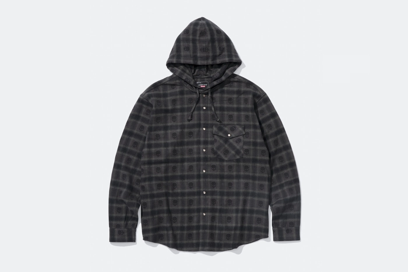 chemise à capuche à carreaux grise Supreme x Number (N)ine avec poche poitrine