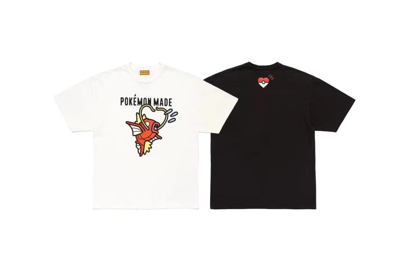 White Pokémon Made t-shirt with Magikarp and black poké-heart t-shirt