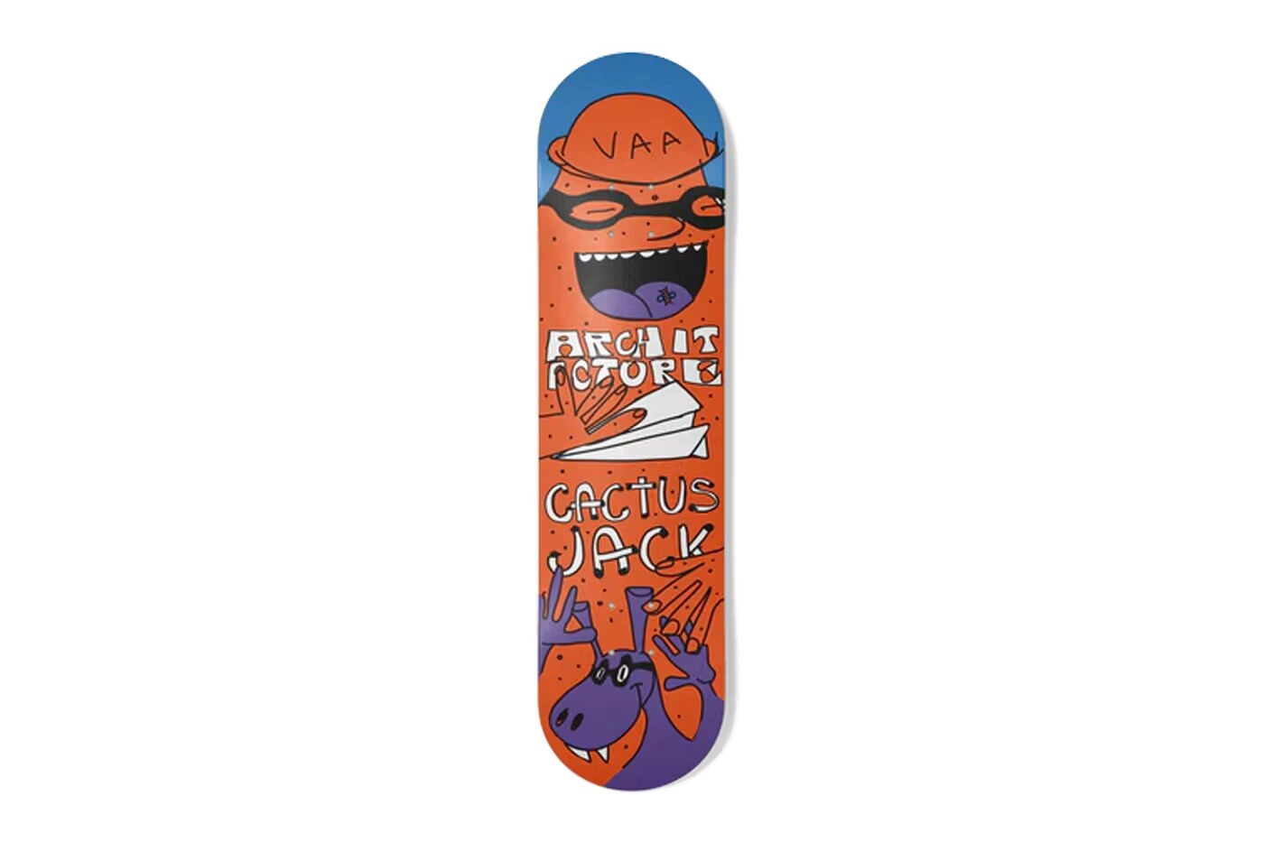 Orange skateboard with unique illustrations Cactus Jack and Virgil Abloh