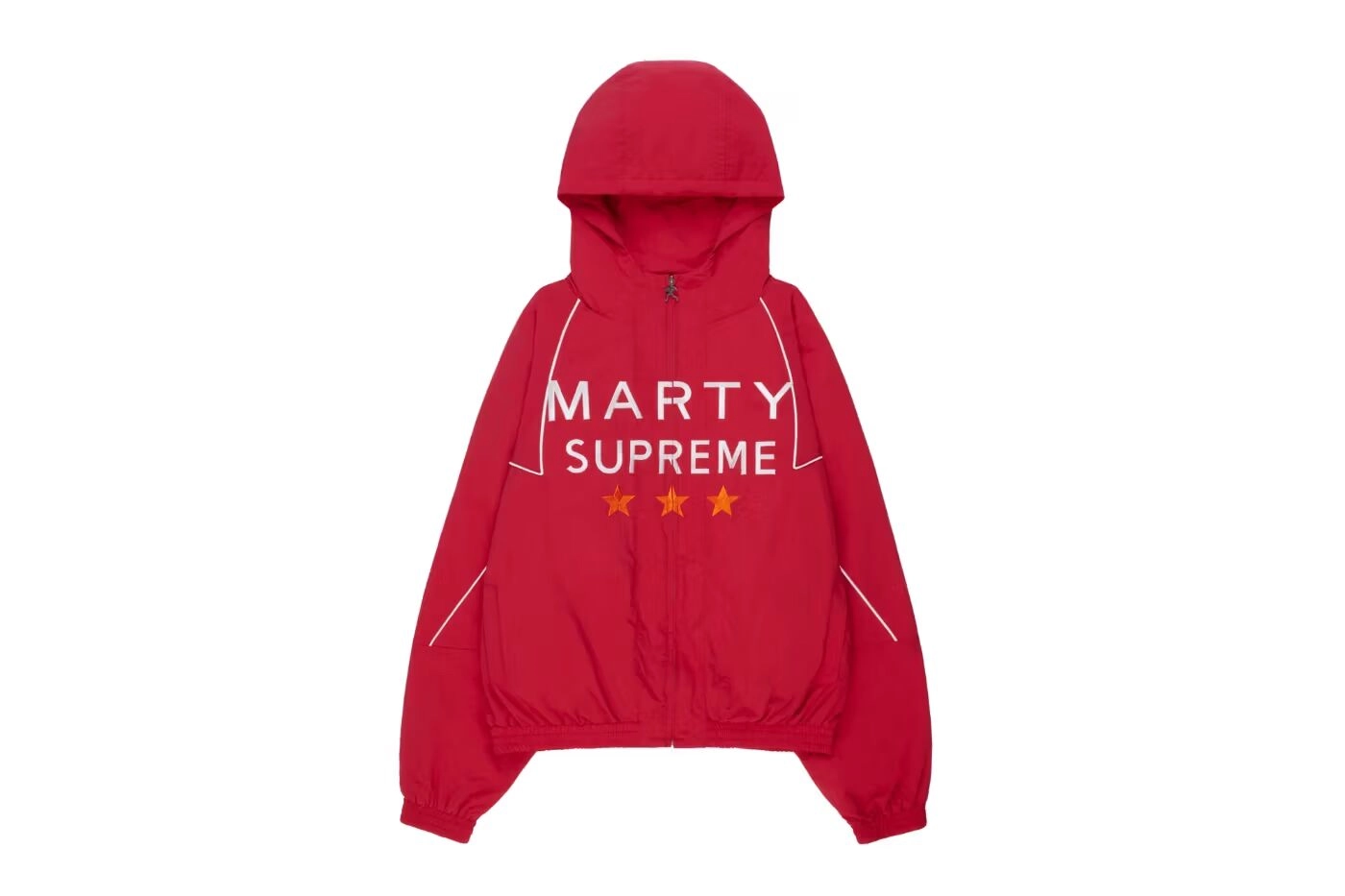 Red Marty Supreme jacket with a hood and three stars on the front