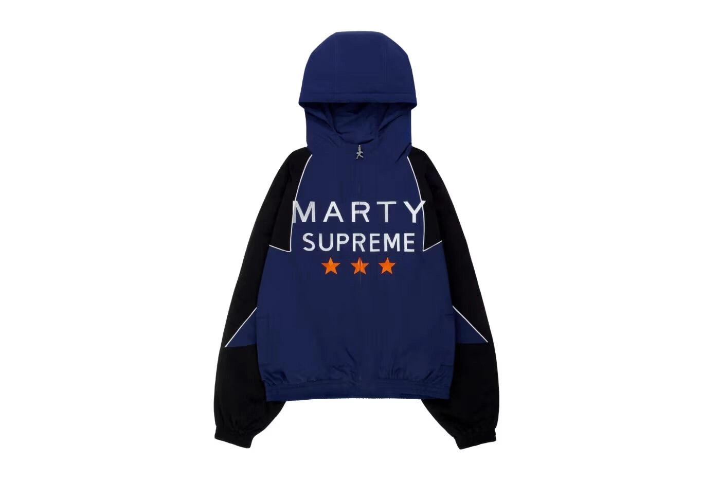 Navy and black Nahmias Marty Supreme hoodie with orange stars