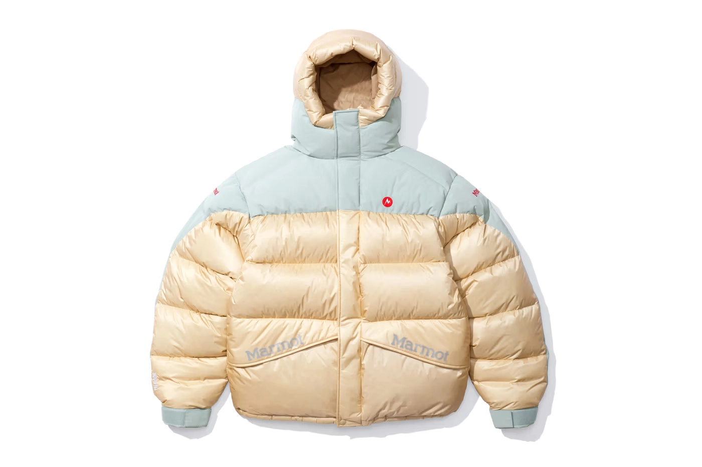 supreme x marmot fall 2025 down jacket beige and pastel