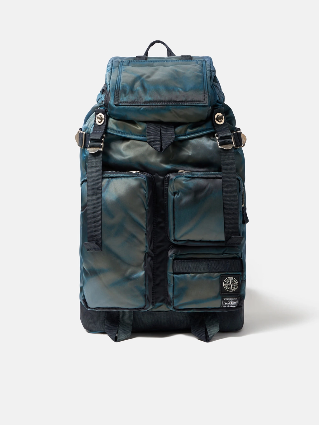 Stone Island x Porter iridescent blue nylon backpack with front pockets and logo on a white background