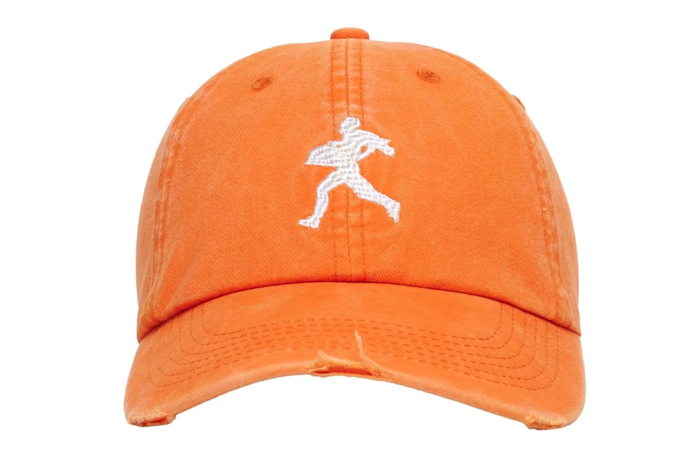 Orange Nahmias cap with white silhouette logo viewed from the front