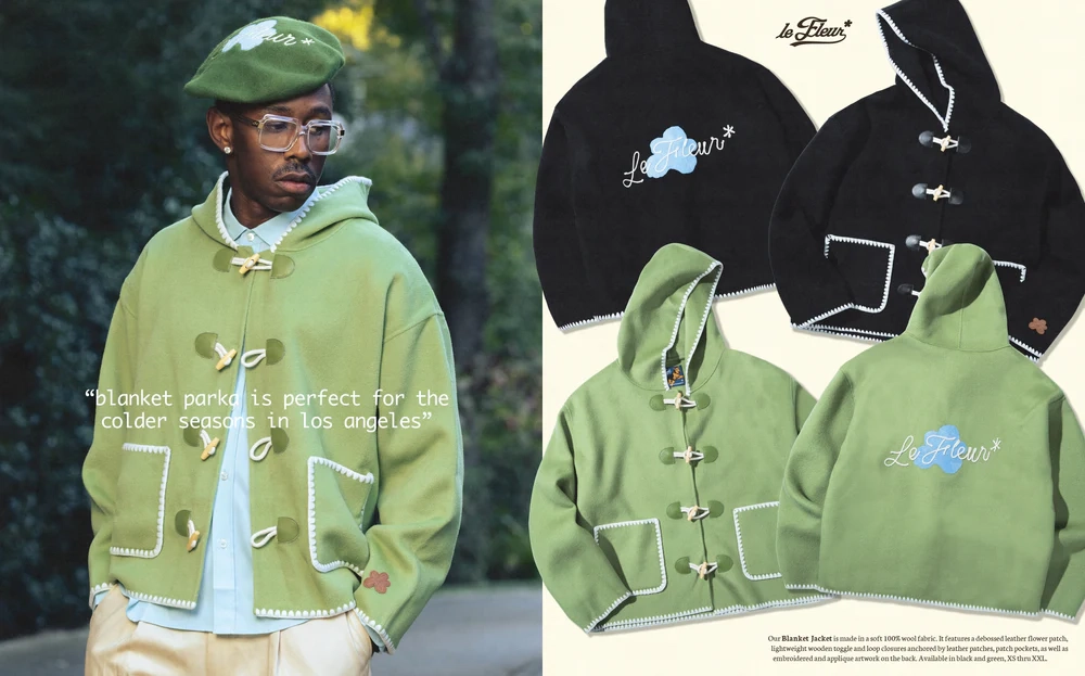 Green and black parka jacket Le Fleur season 4 with logo embroidery on outdoor background