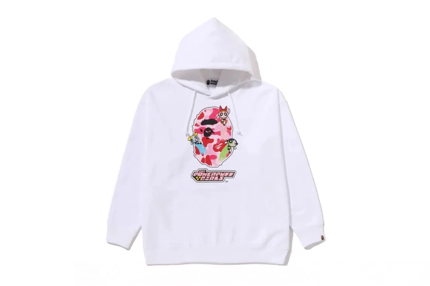 Sweat à capuche blanc BAPE avec motif Powerpuff Girls sur fond blanc
