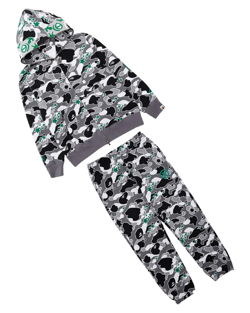 Zipped hoodie and BAPE x Hidden NY joggers in gray camouflage dotted with green stars