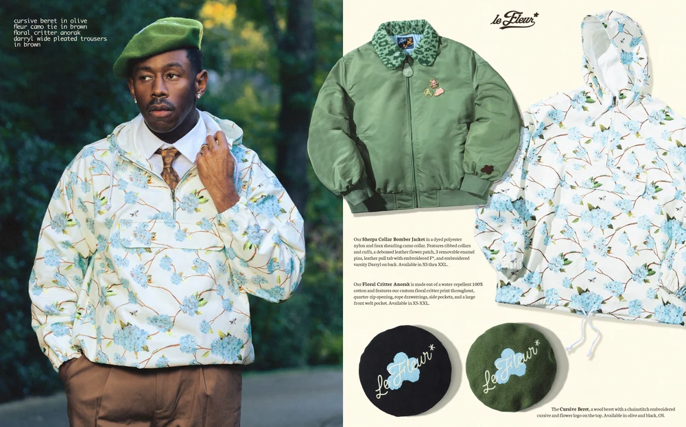 Tyler the creator portant Anorak à motif floral et béret olive portés dans un parc