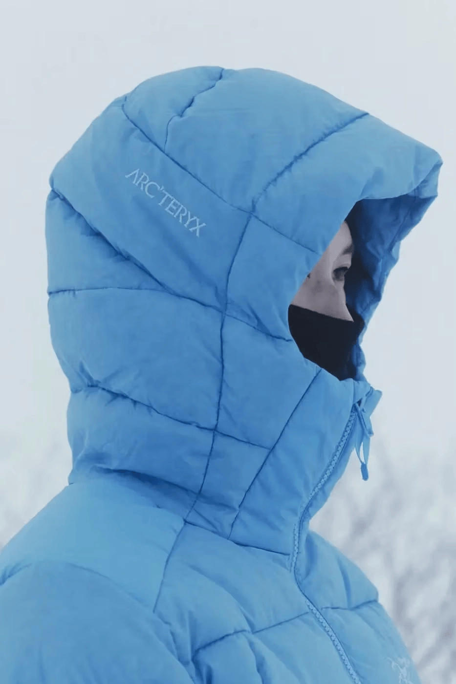 profil latéral de doudoune Arc'teryx Glacial bleue avec capuche sur fond enneigé