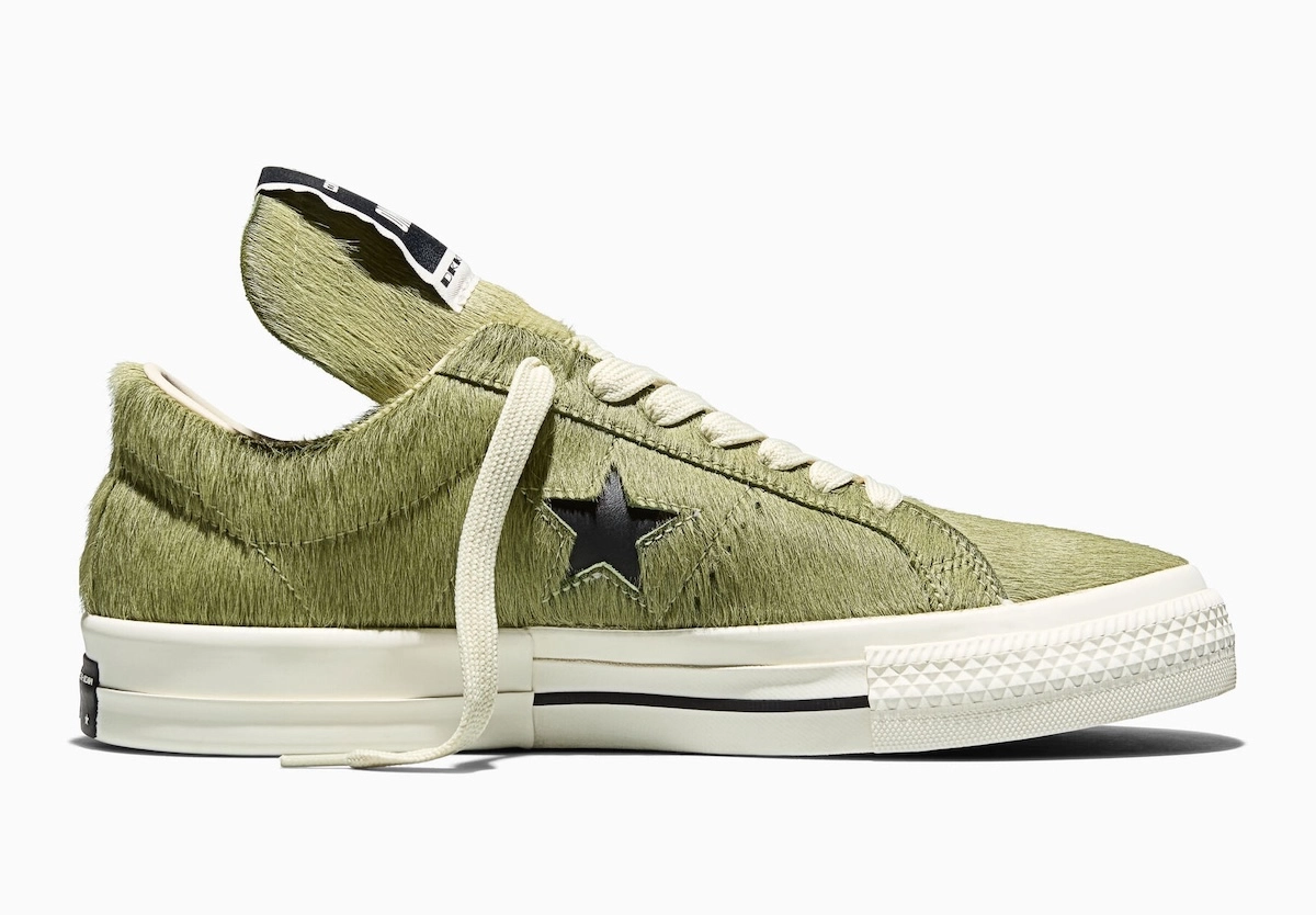 profil latéral droit de sneaker Rick Owens x Converse DRKSHDW verte avec étoile noire