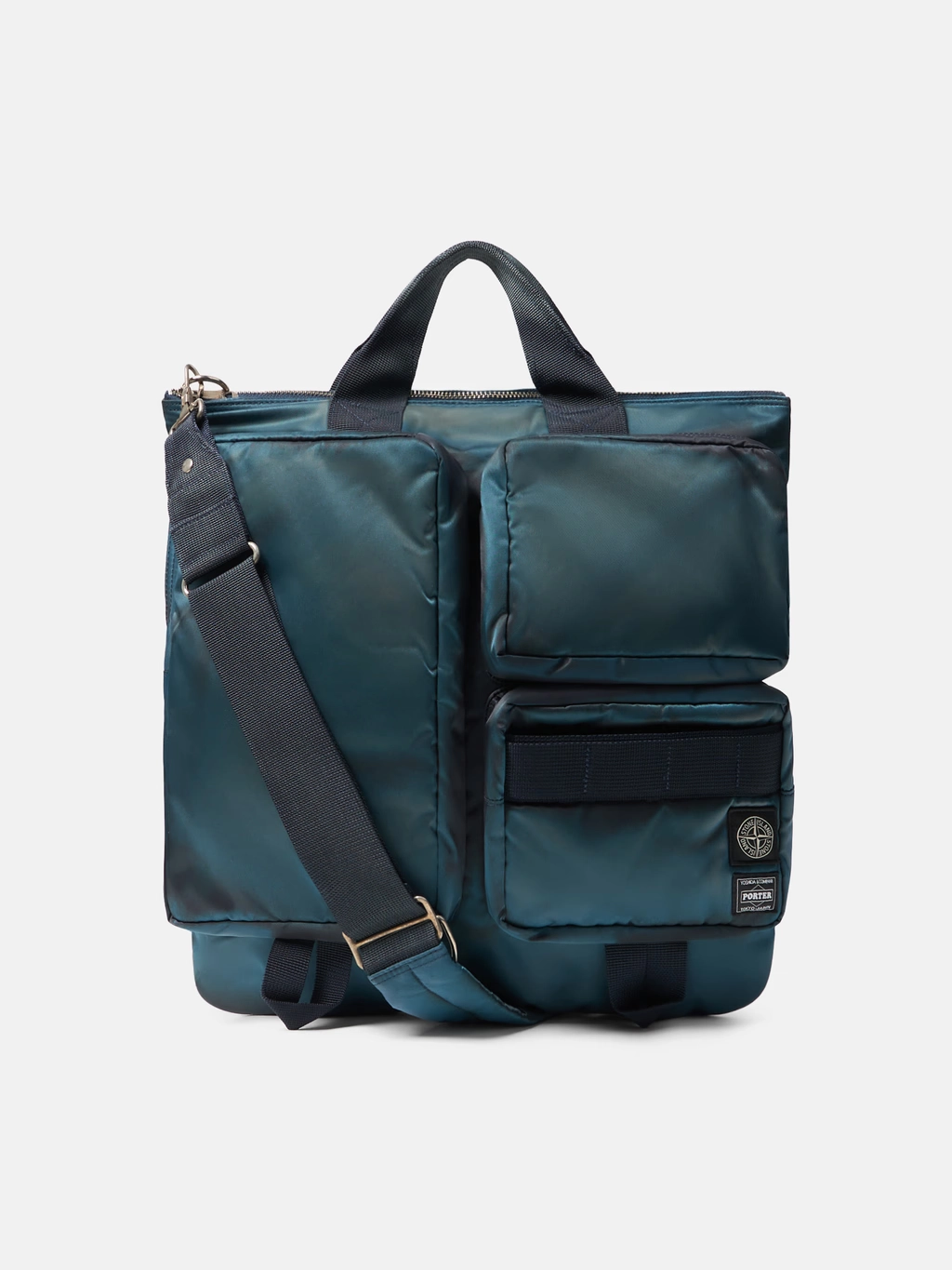 Stone Island x Porter blue nylon bag with front pockets and shoulder strap
