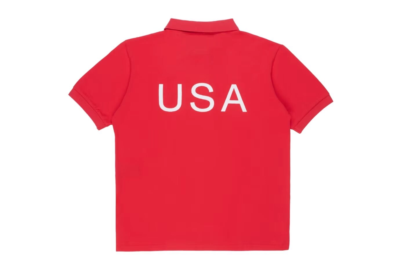 Back view of the red Nahmias x Supreme polo with USA in white