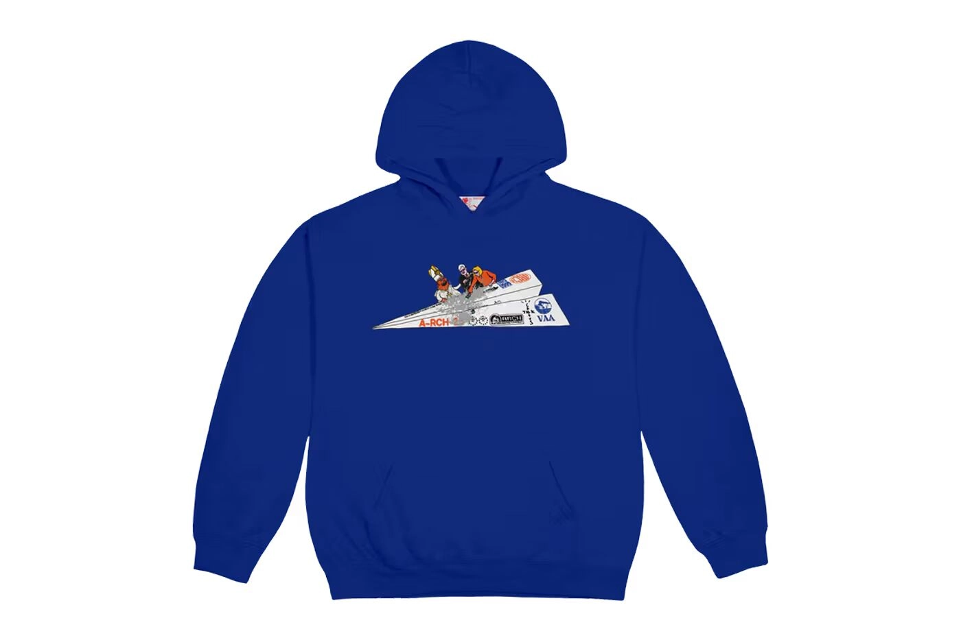 Cactus Jack x Virgil Abloh blue hoodie with paper airplane pattern on a white background
