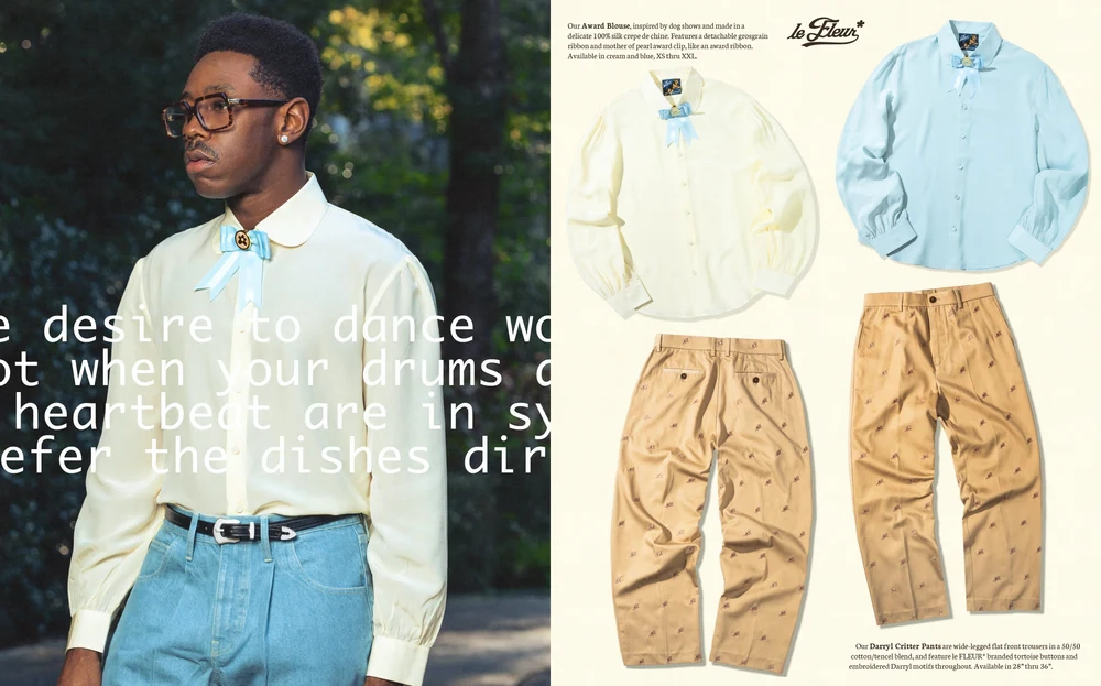 Tyler the creator en chemise crème avec nœud bleu et jeans, et chemises et pantalons Le Fleur saison 4 en fond
