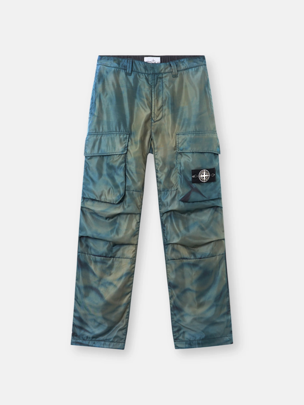 Stone Island x Porter green nylon cargo pants laid out on a white background
