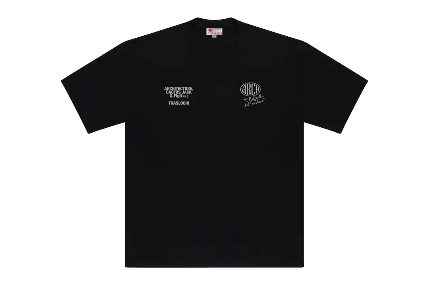 Black Cactus Jack Architecture T-shirt with white inscriptions on a white background