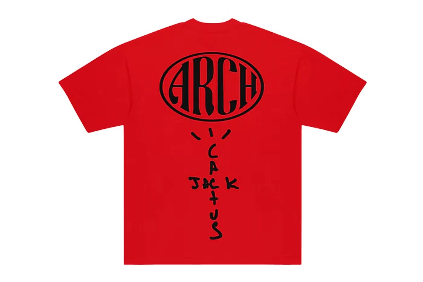 Red T-shirt with ARCH logo and Cactus Jack text on the back