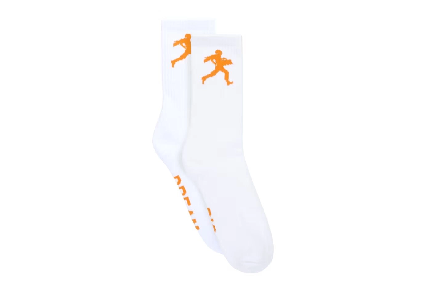 Pair of white Nahmias-Supreme socks with orange logo on a white background