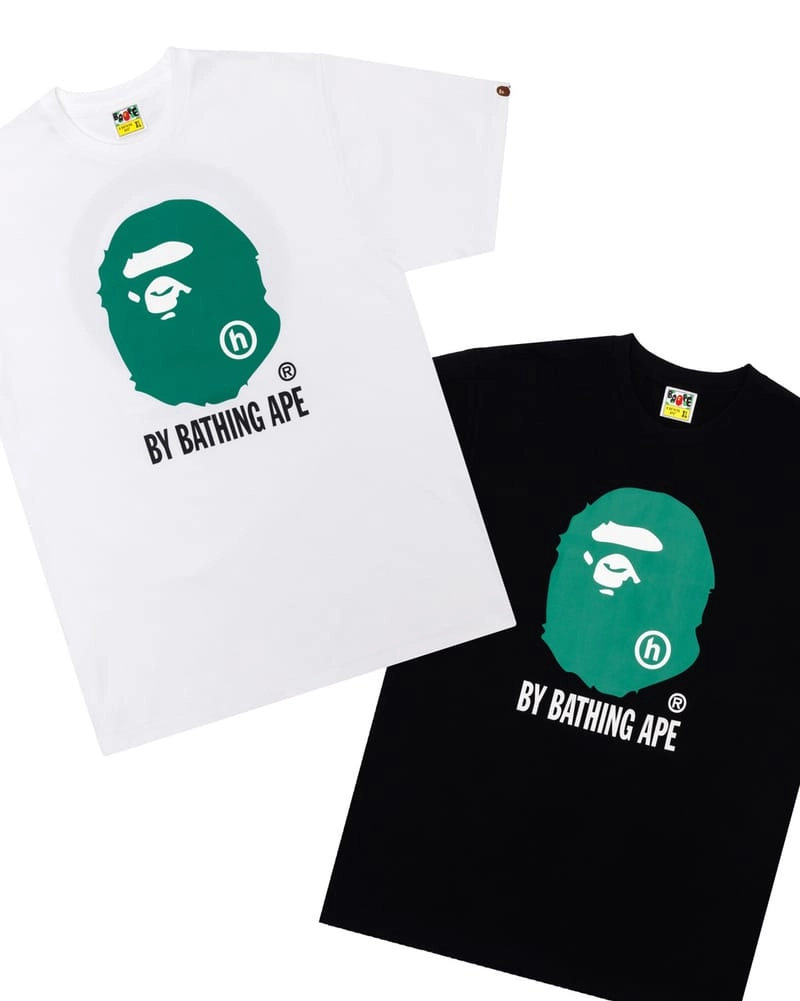 BAPE x Hidden NY t-shirts in white and black with green ape head and Bathing Ape logo