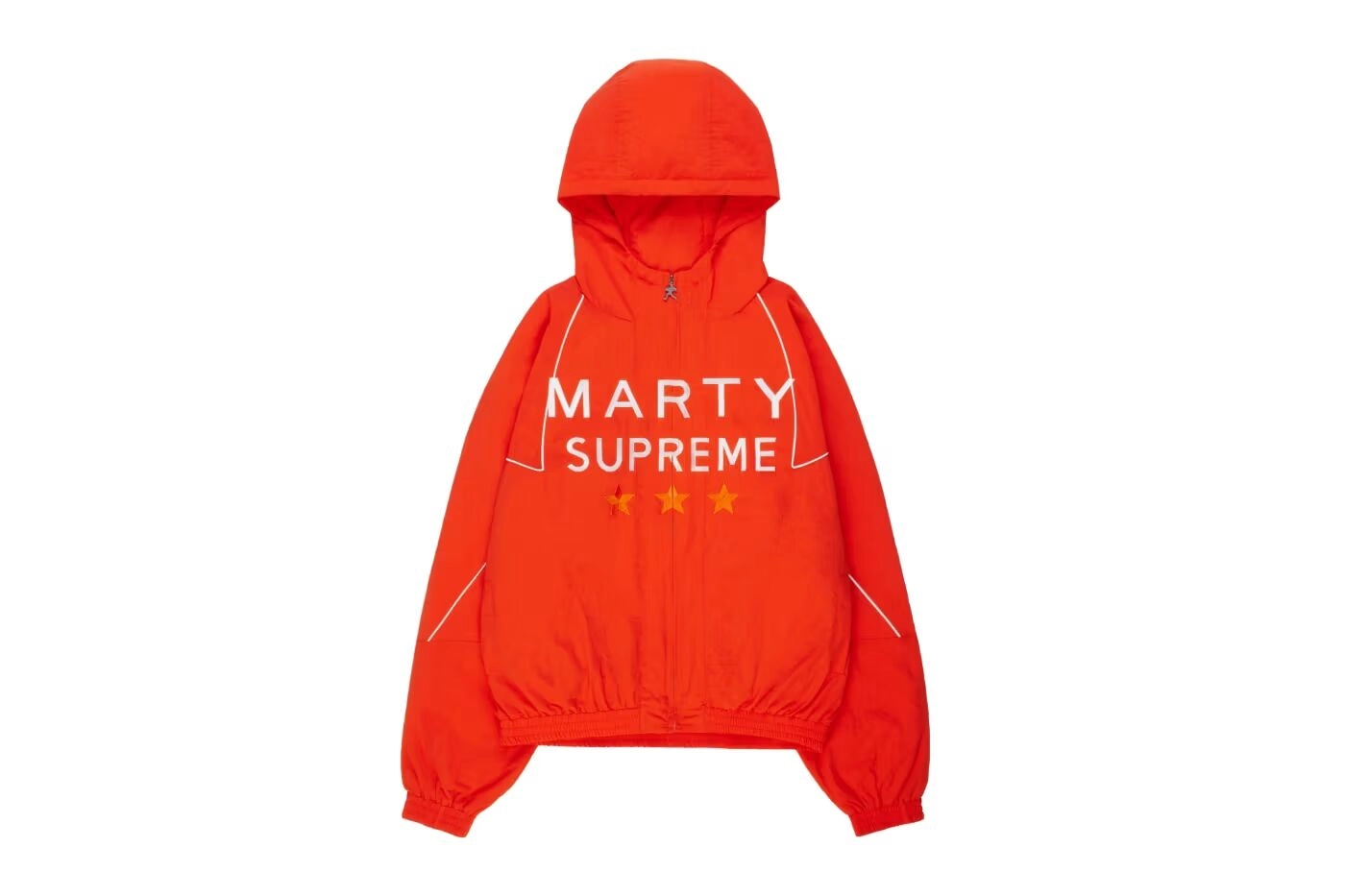Veste orange à capuche Marty Supreme avec étoiles, vue de face sur fond blanc