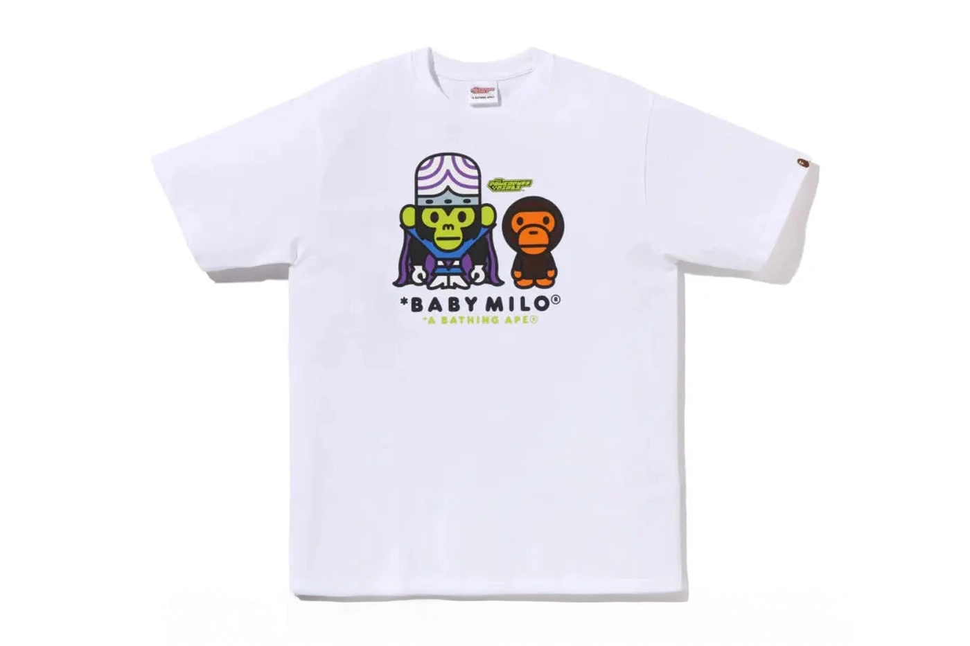 White Bape T-shirt with Baby Milo and Mojo Jojo printed on white background