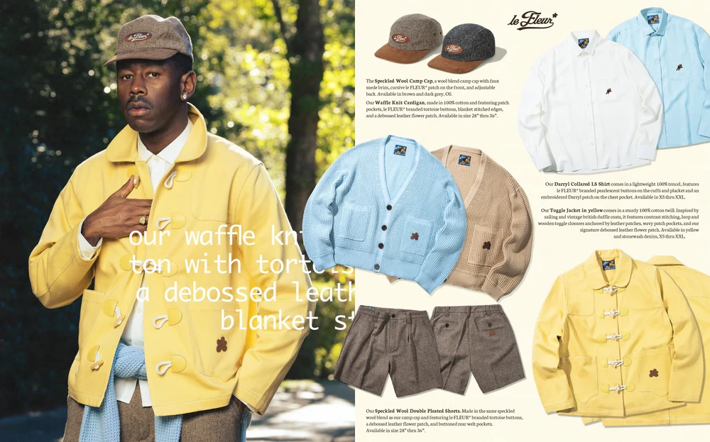 Le Fleur season 4 clothing collection outdoors with yellow toggle jacket, caps, and cardigans displayed