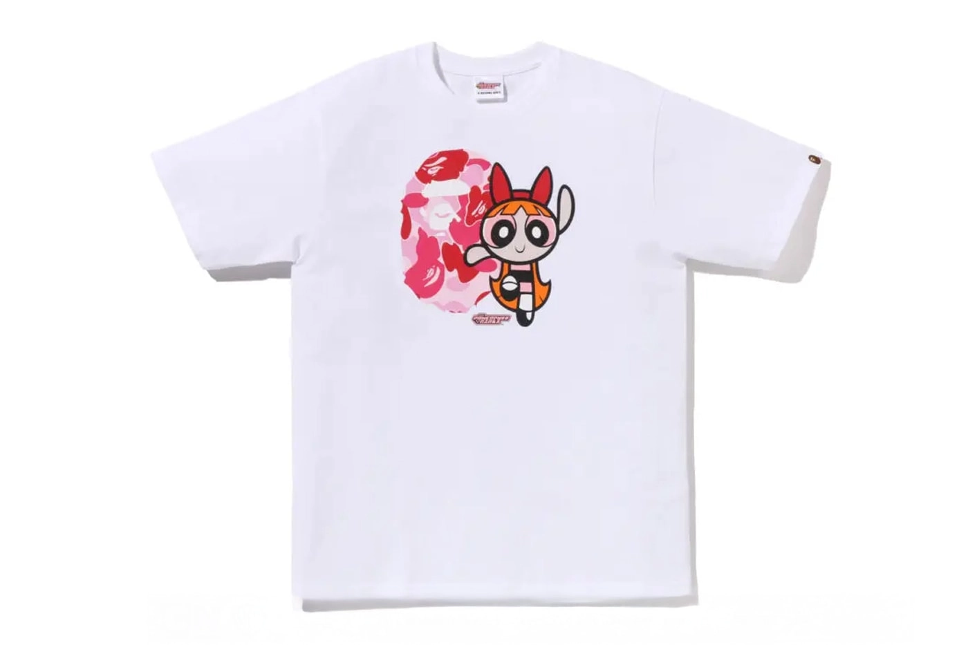 White Bape T-shirt with Powerpuff Girls Blossom pattern on white background