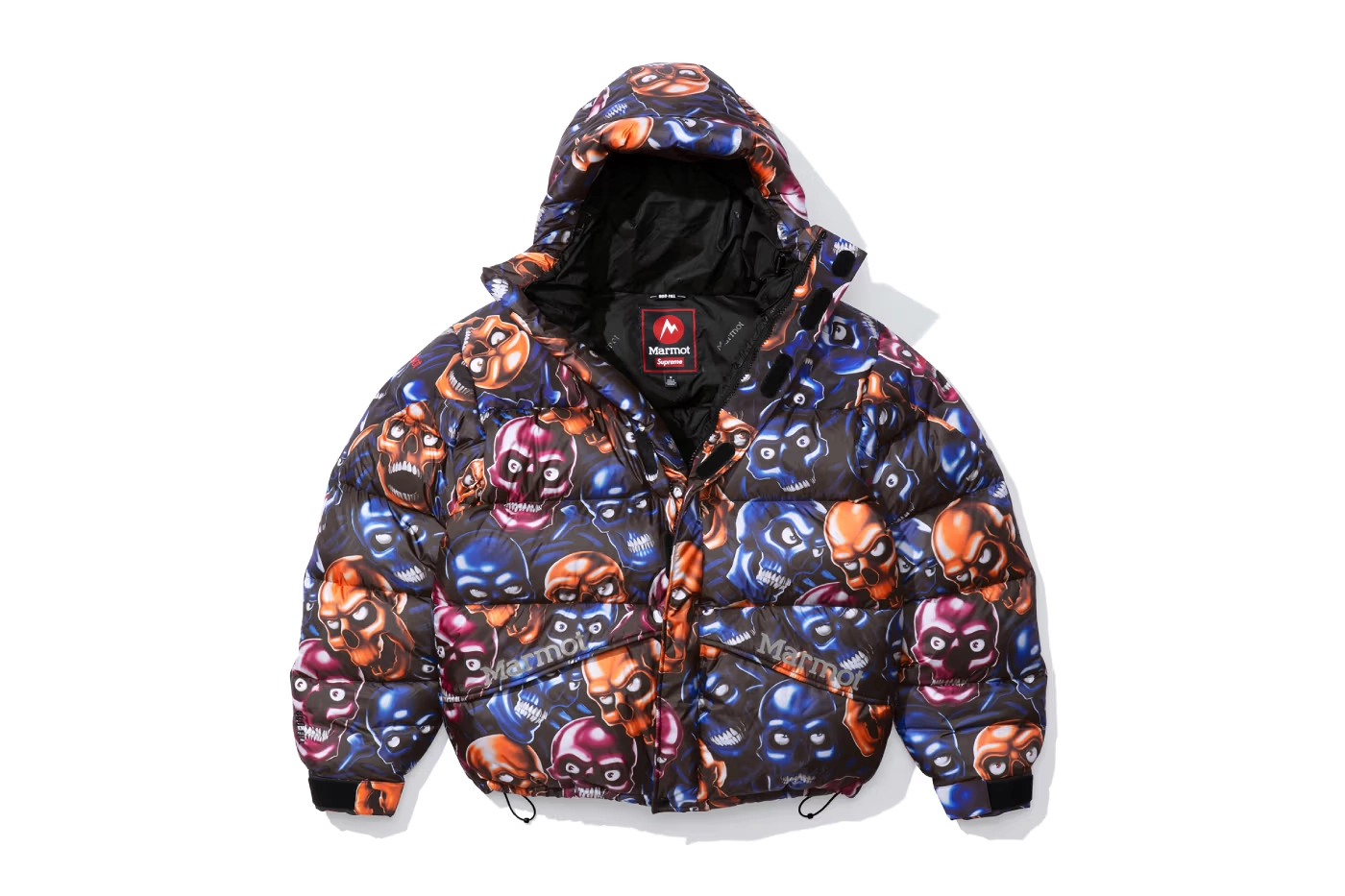 supreme x marmot fall 2025 down jacket blue skull half open