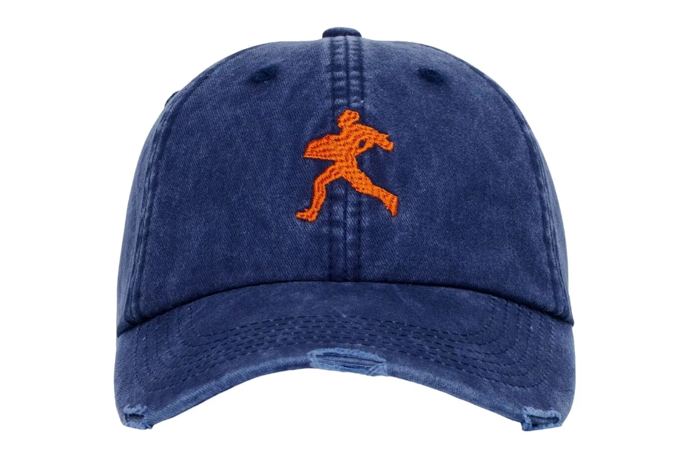 Blue Nahmias cap with an orange logo on the front, viewed from the front