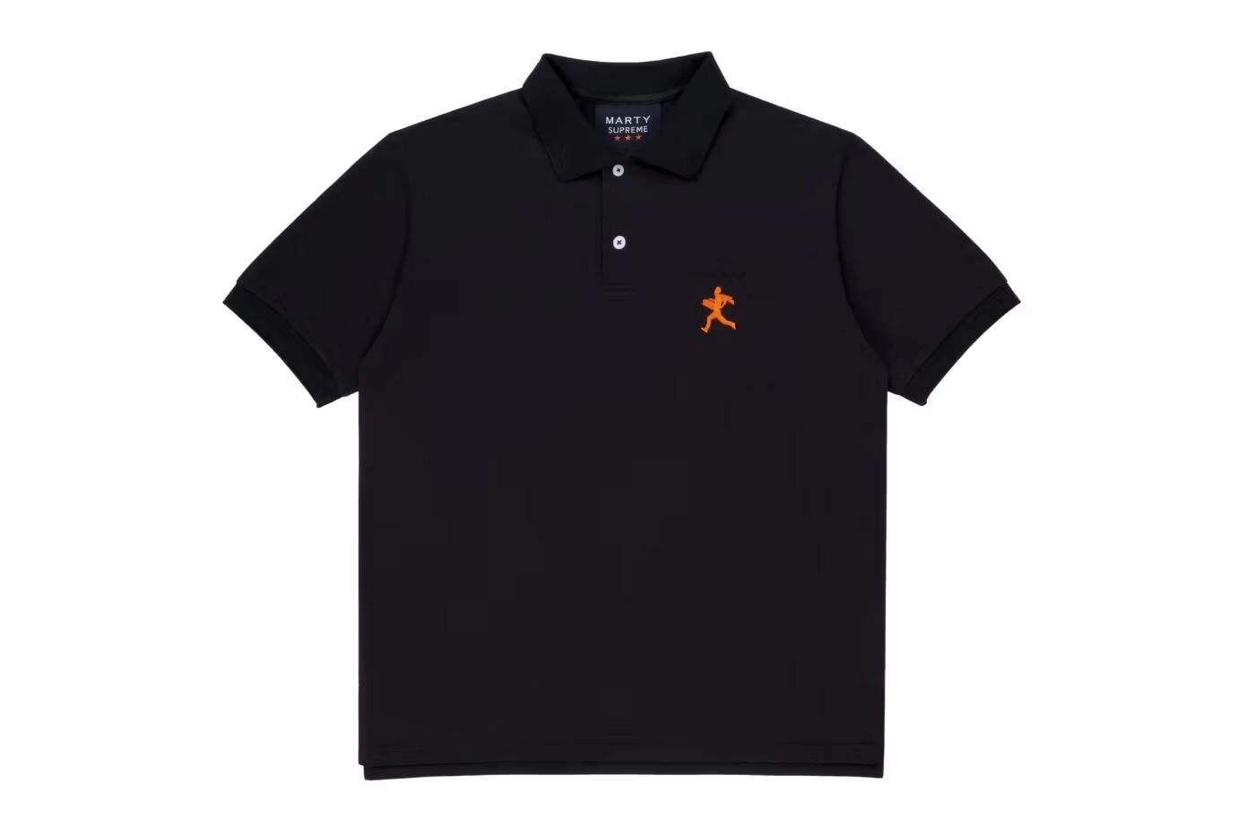 Polo noir Nahmias Marty Supreme avec logo orange sur fond blanc