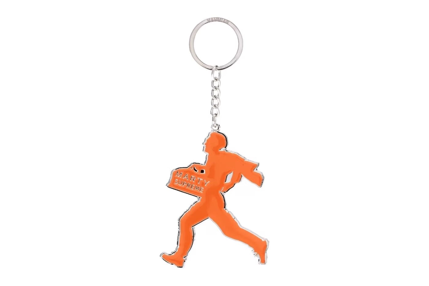 Marty Supreme Nahmias keychain in metal and orange on a white background