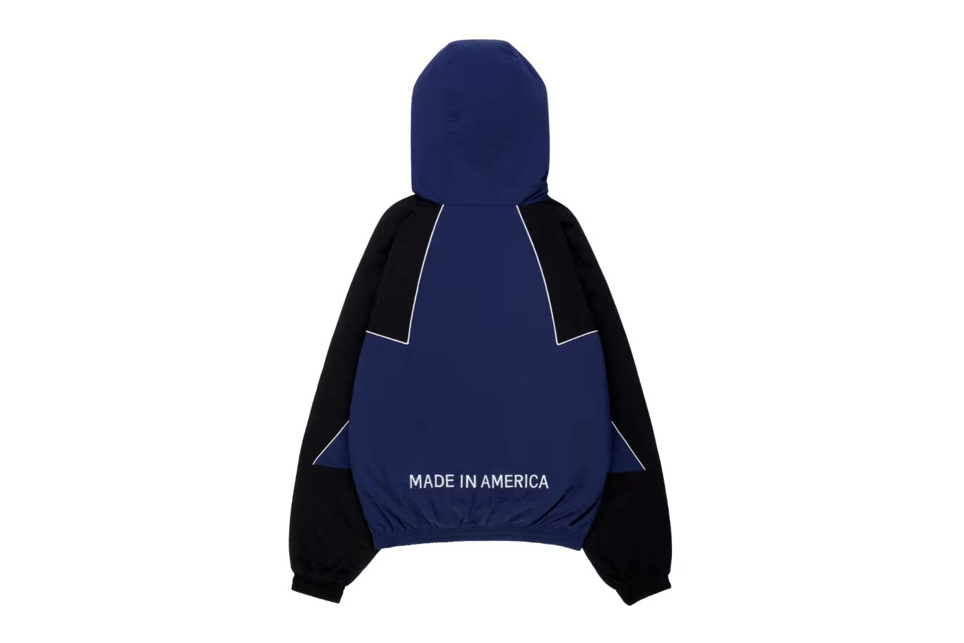 Veste à capuche Nahmias bleue et noire vue de dos avec texte 'Made in America'